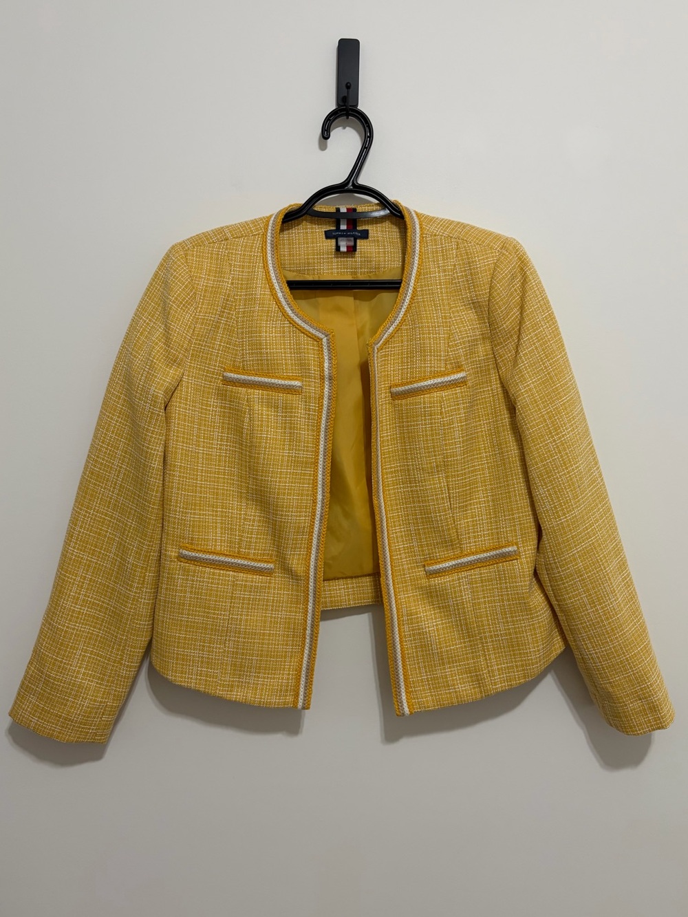Tommy Hilfiger Vintage Tweed Collarless Open Front Yellow Blazer Womens Size 4